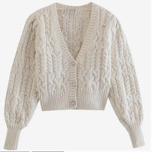 Zara Cream Cable Knit Cardigan with pear accents off white cream size small